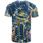 North Queensland Cowboys T Shirt Tropical Hibiscus Floral Pattern With Blue And Yellow Accents