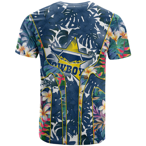 North Queensland Cowboys T Shirt Tropical Hibiscus Floral Pattern With Blue And Yellow Accents