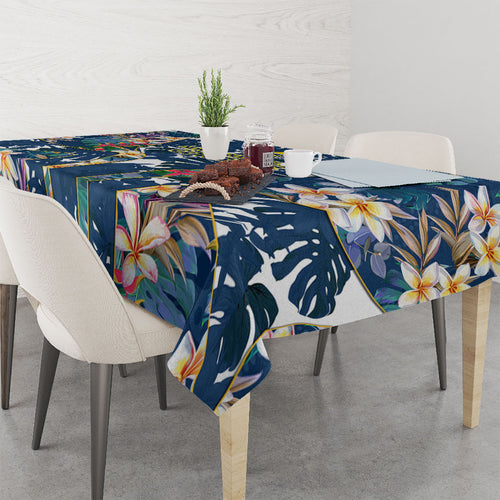 North Queensland Cowboys Tablecloth Tropical Hibiscus Floral Pattern With Blue And Yellow Accents