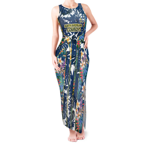 North Queensland Cowboys Tank Maxi Dress Tropical Hibiscus Floral Pattern With Blue And Yellow Accents