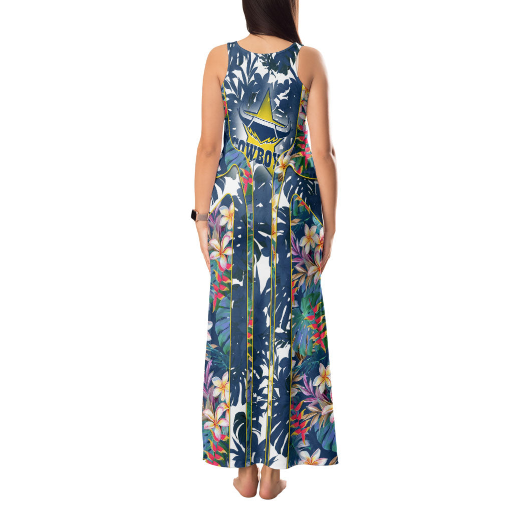 North Queensland Cowboys Tank Maxi Dress Tropical Hibiscus Floral Pattern With Blue And Yellow Accents