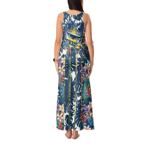 North Queensland Cowboys Tank Maxi Dress Tropical Hibiscus Floral Pattern With Blue And Yellow Accents
