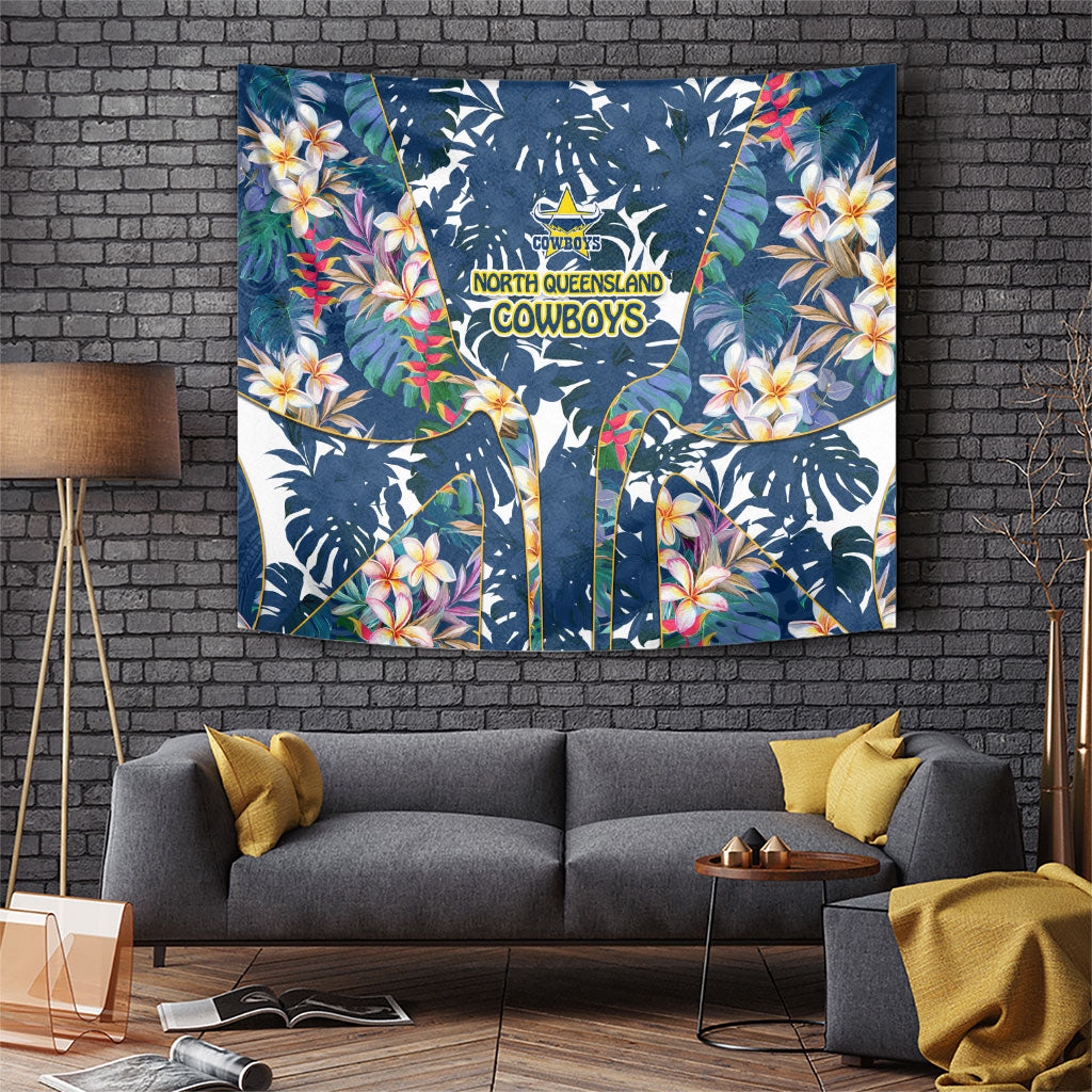 North Queensland Cowboys Tapestry Tropical Hibiscus Floral Pattern With Blue And Yellow Accents