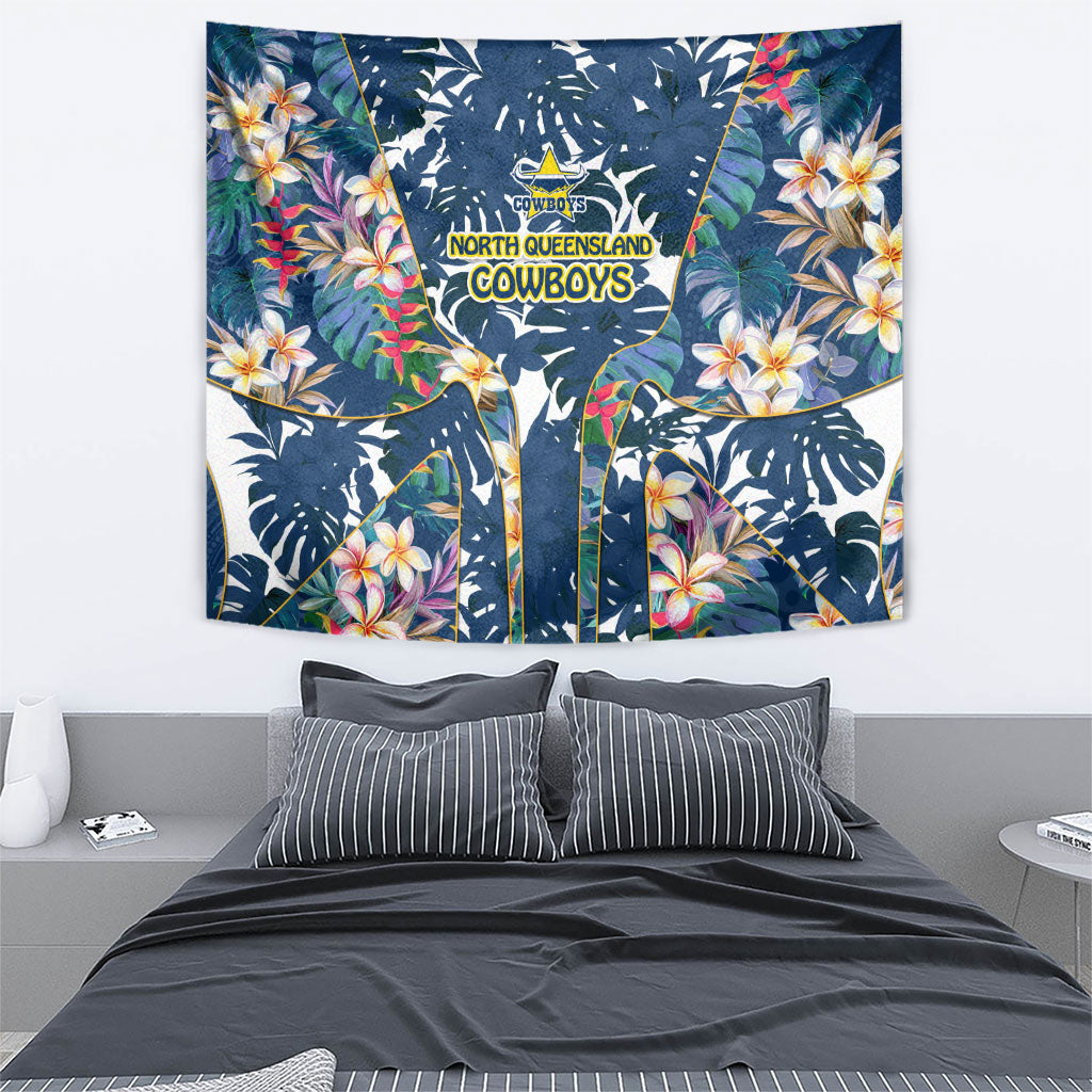 North Queensland Cowboys Tapestry Tropical Hibiscus Floral Pattern With Blue And Yellow Accents