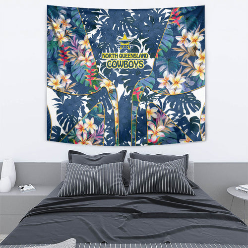 North Queensland Cowboys Tapestry Tropical Hibiscus Floral Pattern With Blue And Yellow Accents