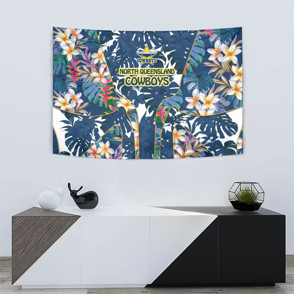 North Queensland Cowboys Tapestry Tropical Hibiscus Floral Pattern With Blue And Yellow Accents