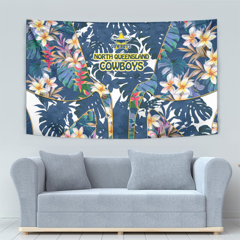North Queensland Cowboys Tapestry Tropical Hibiscus Floral Pattern With Blue And Yellow Accents