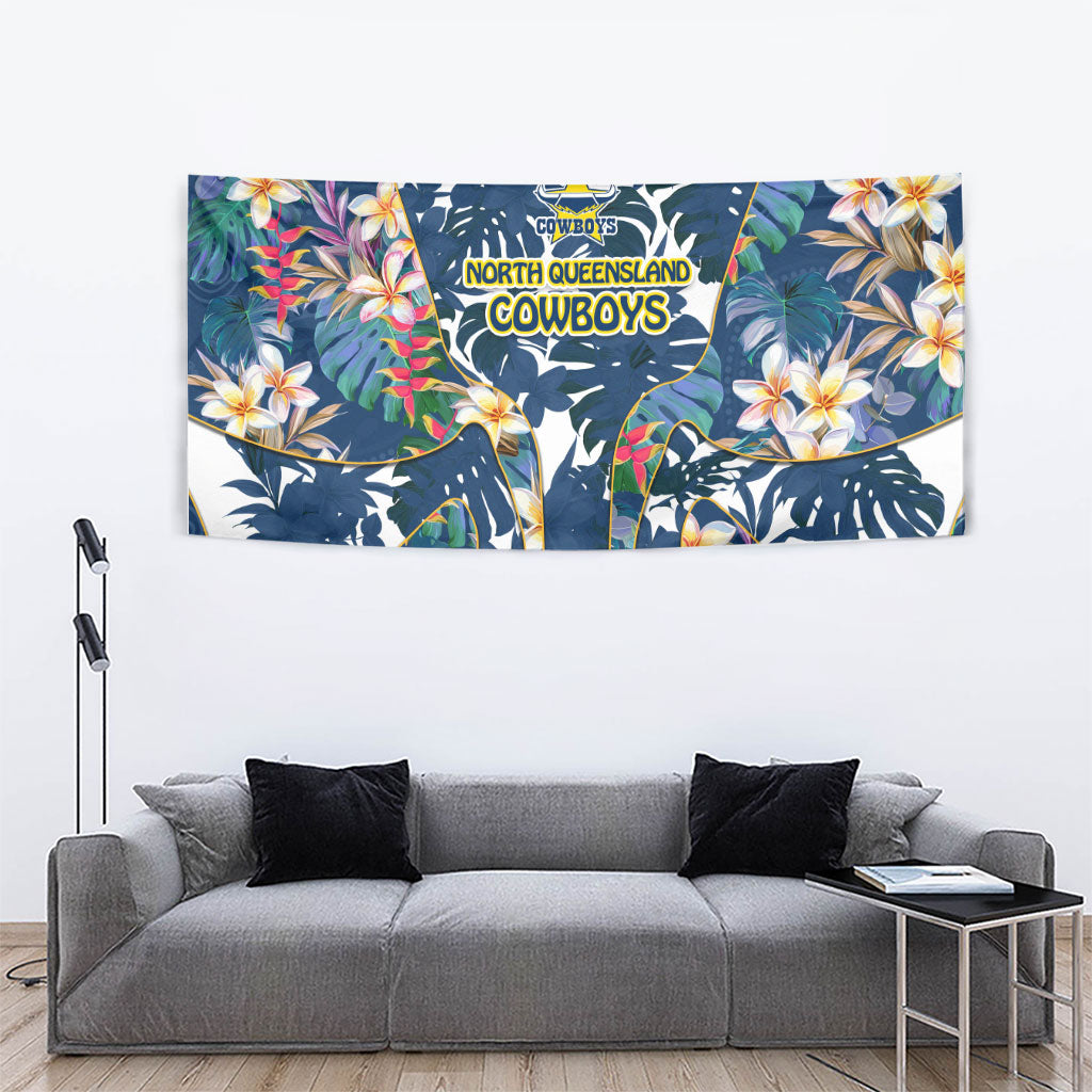 North Queensland Cowboys Tapestry Tropical Hibiscus Floral Pattern With Blue And Yellow Accents