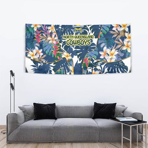 North Queensland Cowboys Tapestry Tropical Hibiscus Floral Pattern With Blue And Yellow Accents