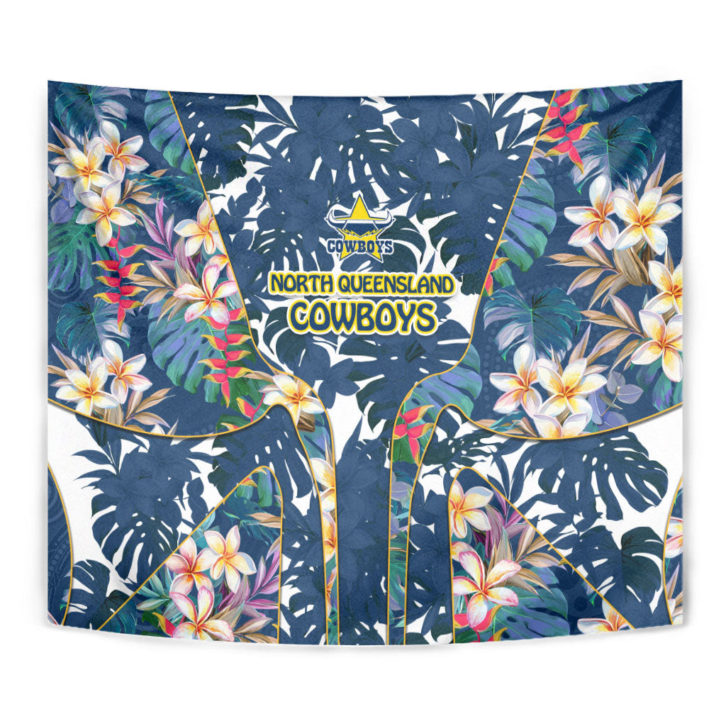 North Queensland Cowboys Tapestry Tropical Hibiscus Floral Pattern With Blue And Yellow Accents