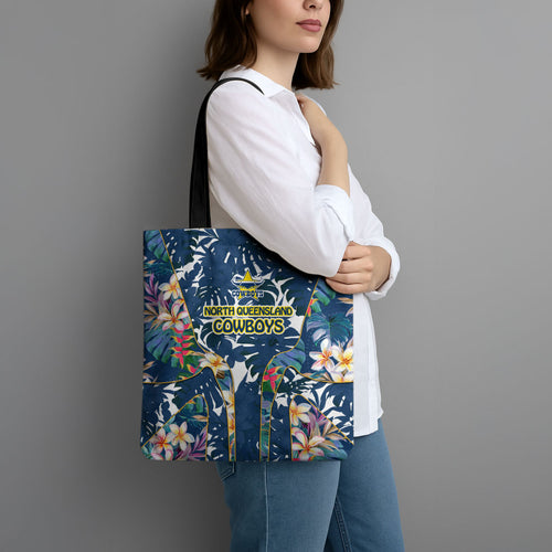 North Queensland Cowboys Tote Bag Tropical Hibiscus Floral Pattern With Blue And Yellow Accents