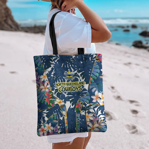 North Queensland Cowboys Tote Bag Tropical Hibiscus Floral Pattern With Blue And Yellow Accents