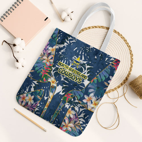 North Queensland Cowboys Tote Bag Tropical Hibiscus Floral Pattern With Blue And Yellow Accents