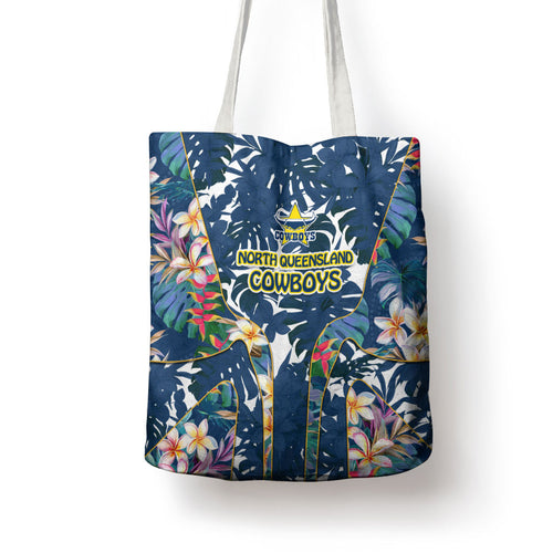 North Queensland Cowboys Tote Bag Tropical Hibiscus Floral Pattern With Blue And Yellow Accents