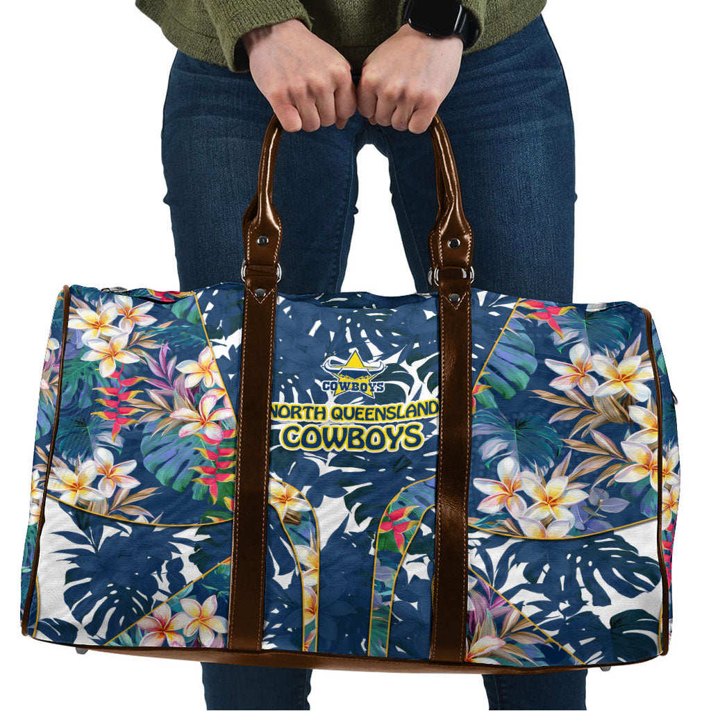 North Queensland Cowboys Travel Bag Tropical Hibiscus Floral Pattern With Blue And Yellow Accents