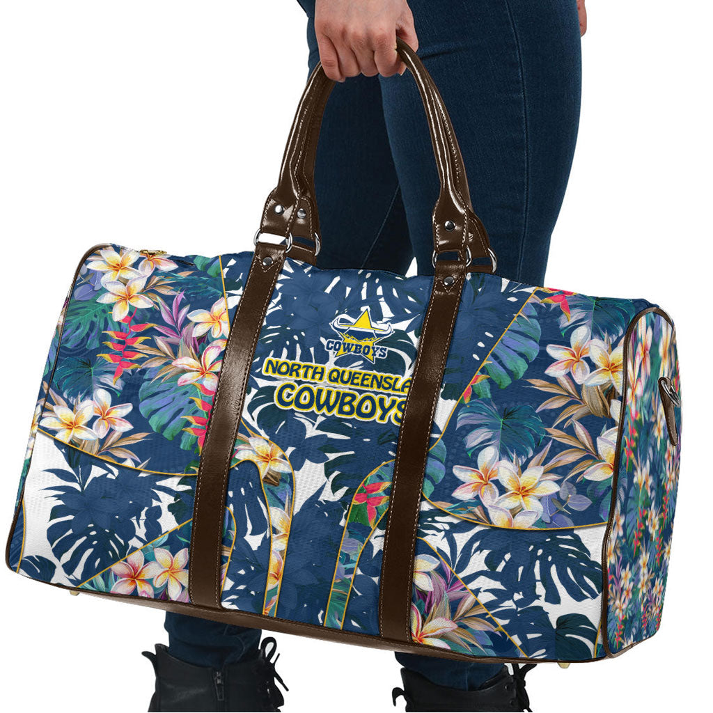 North Queensland Cowboys Travel Bag Tropical Hibiscus Floral Pattern With Blue And Yellow Accents
