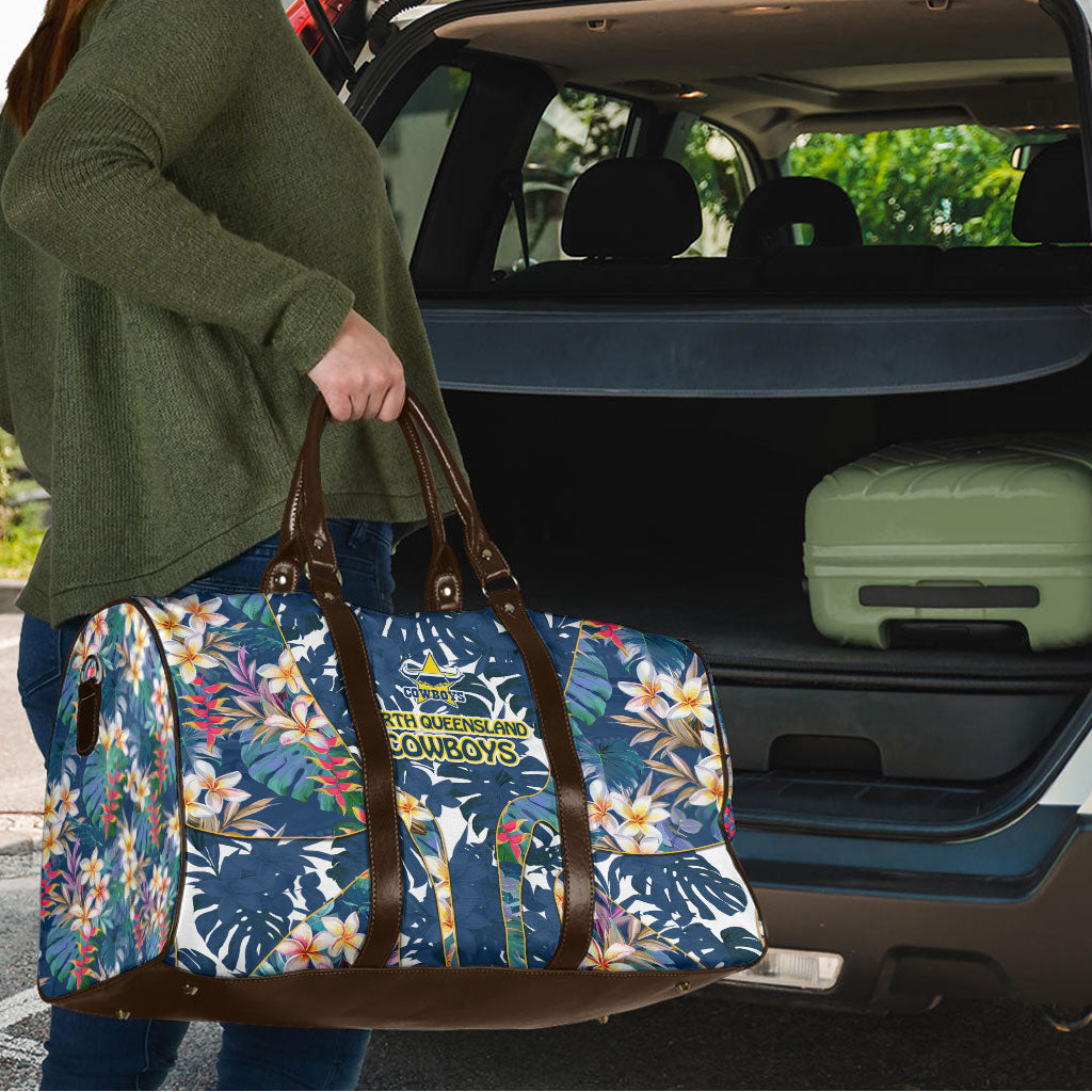 North Queensland Cowboys Travel Bag Tropical Hibiscus Floral Pattern With Blue And Yellow Accents