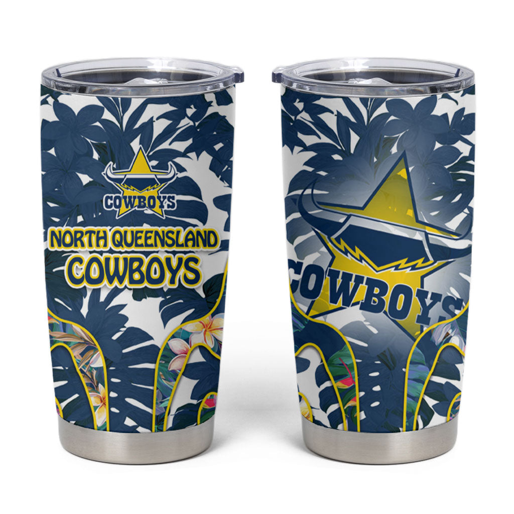 North Queensland Cowboys Tumbler Cup Tropical Hibiscus Floral Pattern With Blue And Yellow Accents
