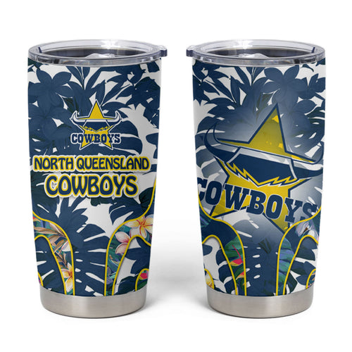 North Queensland Cowboys Tumbler Cup Tropical Hibiscus Floral Pattern With Blue And Yellow Accents