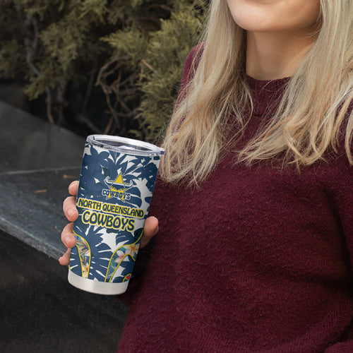 North Queensland Cowboys Tumbler Cup Tropical Hibiscus Floral Pattern With Blue And Yellow Accents