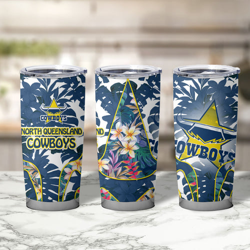 North Queensland Cowboys Tumbler Cup Tropical Hibiscus Floral Pattern With Blue And Yellow Accents