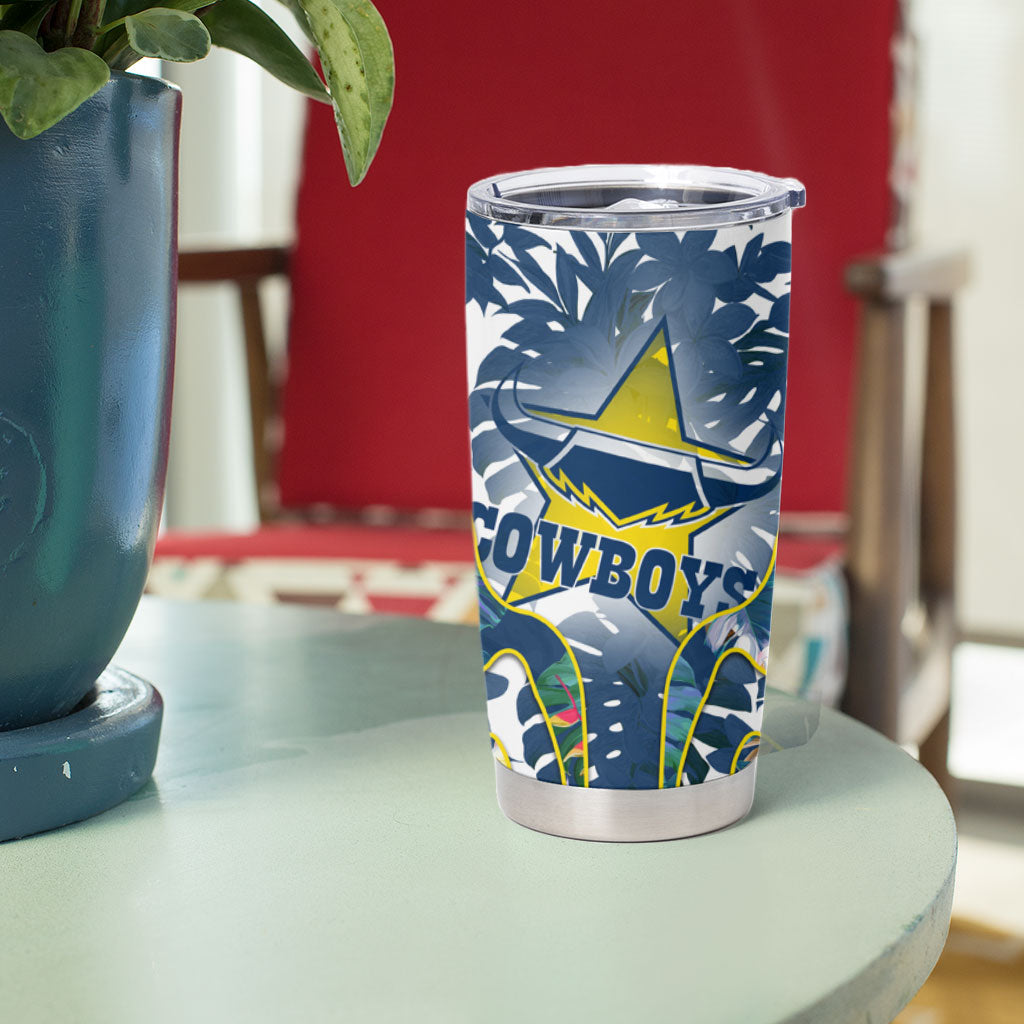 North Queensland Cowboys Tumbler Cup Tropical Hibiscus Floral Pattern With Blue And Yellow Accents