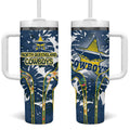 North Queensland Cowboys Tumbler With Handle Tropical Hibiscus Floral Pattern With Blue And Yellow Accents