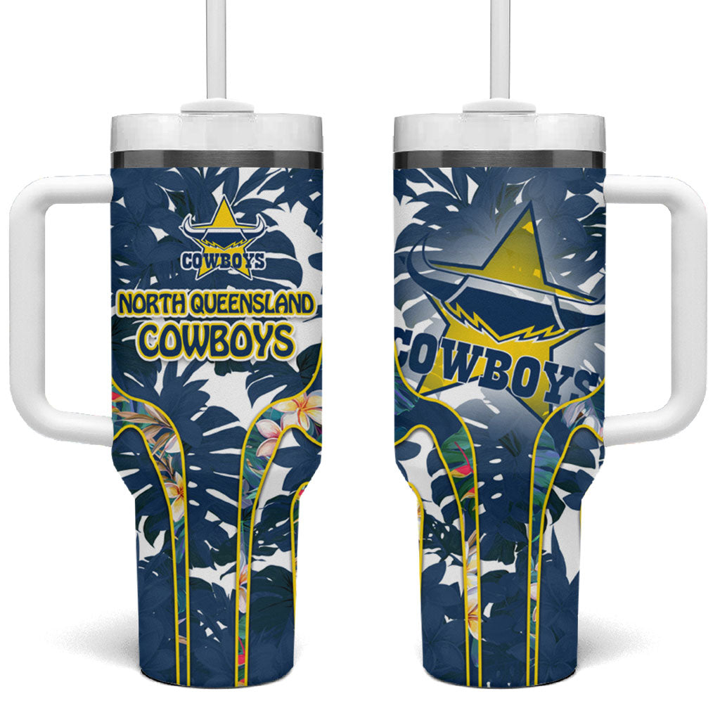 North Queensland Cowboys Tumbler With Handle Tropical Hibiscus Floral Pattern With Blue And Yellow Accents