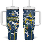 North Queensland Cowboys Tumbler With Handle Tropical Hibiscus Floral Pattern With Blue And Yellow Accents