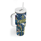 North Queensland Cowboys Tumbler With Handle Tropical Hibiscus Floral Pattern With Blue And Yellow Accents