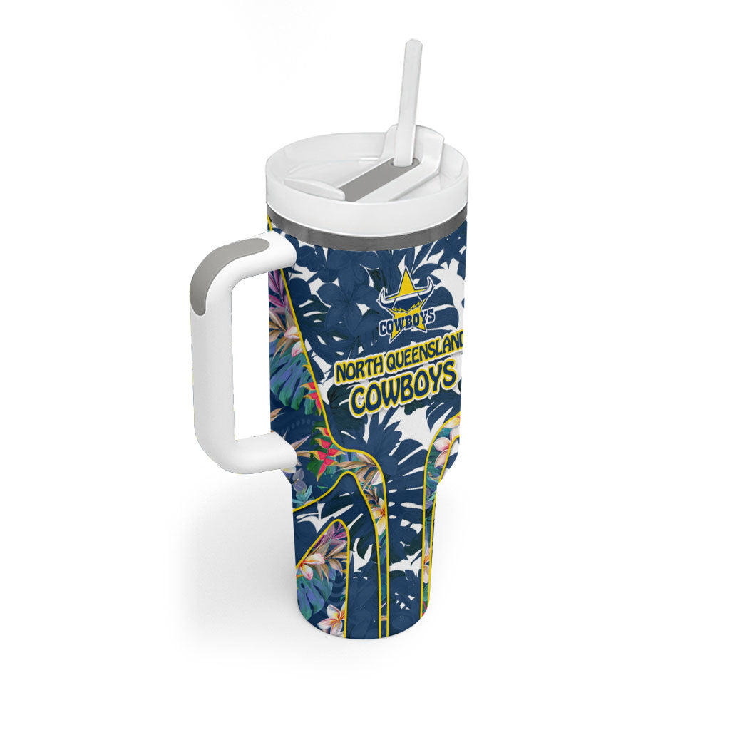 North Queensland Cowboys Tumbler With Handle Tropical Hibiscus Floral Pattern With Blue And Yellow Accents