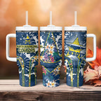 North Queensland Cowboys Tumbler With Handle Tropical Hibiscus Floral Pattern With Blue And Yellow Accents