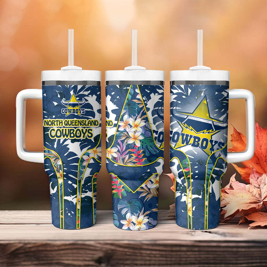 North Queensland Cowboys Tumbler With Handle Tropical Hibiscus Floral Pattern With Blue And Yellow Accents