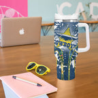 North Queensland Cowboys Tumbler With Handle Tropical Hibiscus Floral Pattern With Blue And Yellow Accents