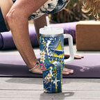 North Queensland Cowboys Tumbler With Handle Tropical Hibiscus Floral Pattern With Blue And Yellow Accents