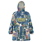 North Queensland Cowboys Wearable Blanket Hoodie Tropical Hibiscus Floral Pattern With Blue And Yellow Accents