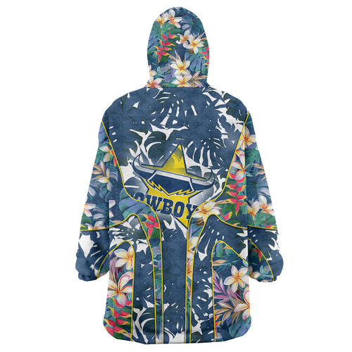 North Queensland Cowboys Wearable Blanket Hoodie Tropical Hibiscus Floral Pattern With Blue And Yellow Accents
