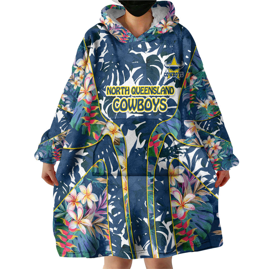 North Queensland Cowboys Wearable Blanket Hoodie Tropical Hibiscus Floral Pattern With Blue And Yellow Accents