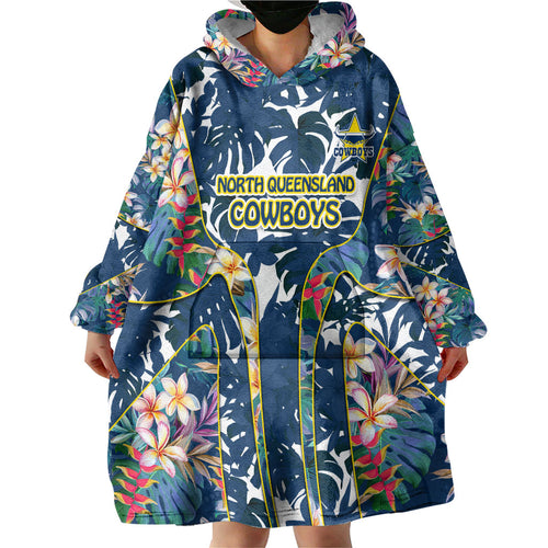 North Queensland Cowboys Wearable Blanket Hoodie Tropical Hibiscus Floral Pattern With Blue And Yellow Accents