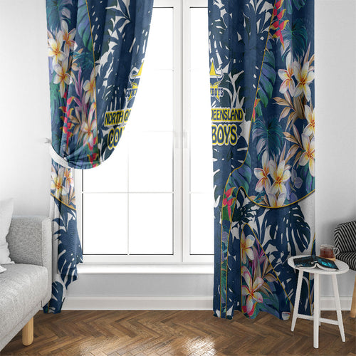 North Queensland Cowboys Window Curtain Tropical Hibiscus Floral Pattern With Blue And Yellow Accents