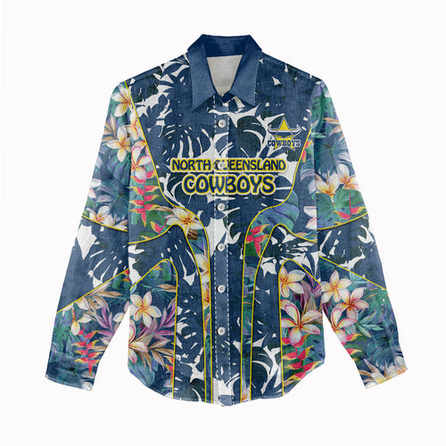 North Queensland Cowboys Women Casual Shirt Tropical Hibiscus Floral Pattern With Blue And Yellow Accents