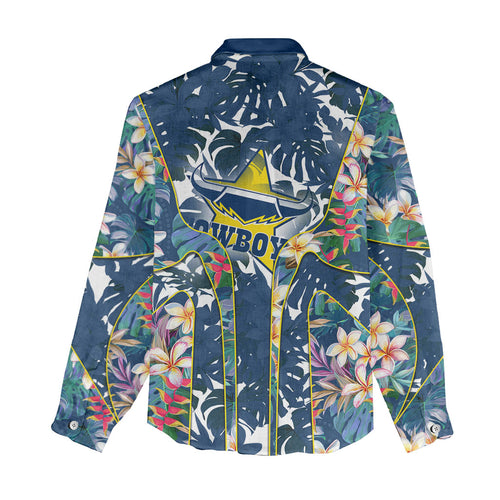 North Queensland Cowboys Women Casual Shirt Tropical Hibiscus Floral Pattern With Blue And Yellow Accents