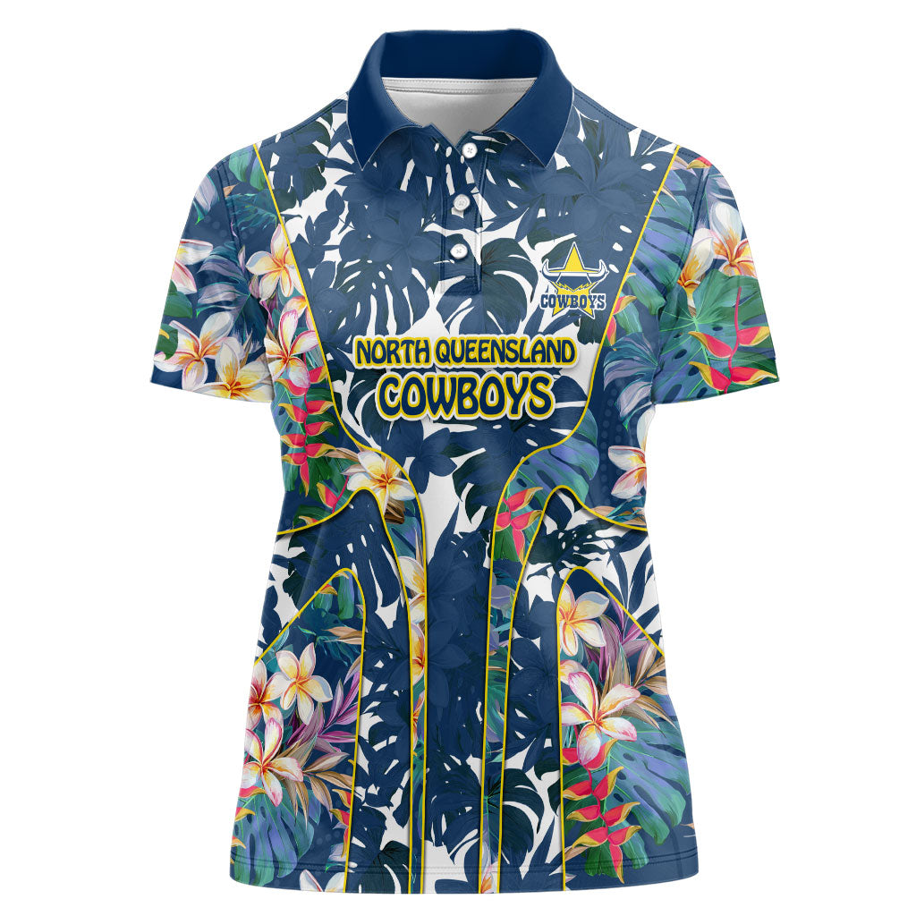 North Queensland Cowboys Women Polo Shirt Tropical Hibiscus Floral Pattern With Blue And Yellow Accents