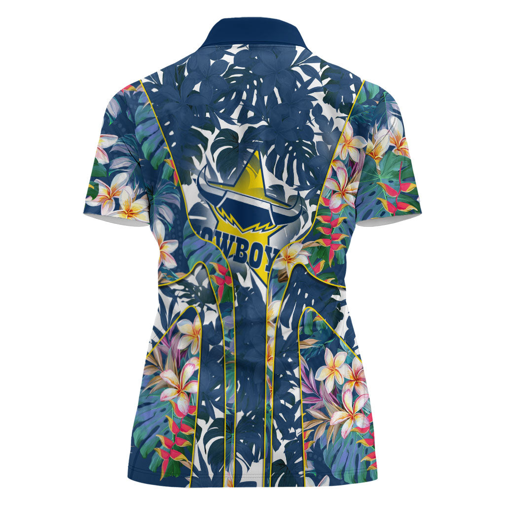North Queensland Cowboys Women Polo Shirt Tropical Hibiscus Floral Pattern With Blue And Yellow Accents