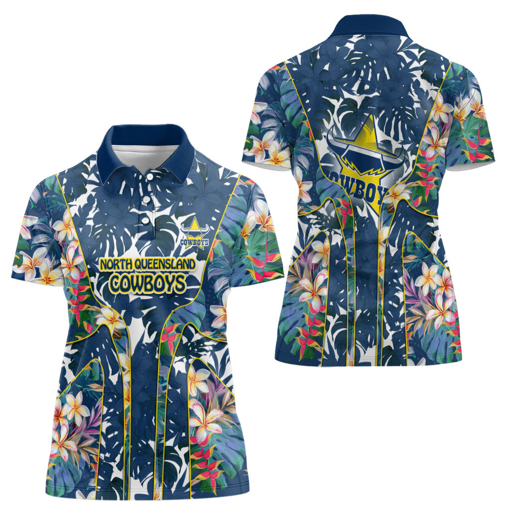 North Queensland Cowboys Women Polo Shirt Tropical Hibiscus Floral Pattern With Blue And Yellow Accents