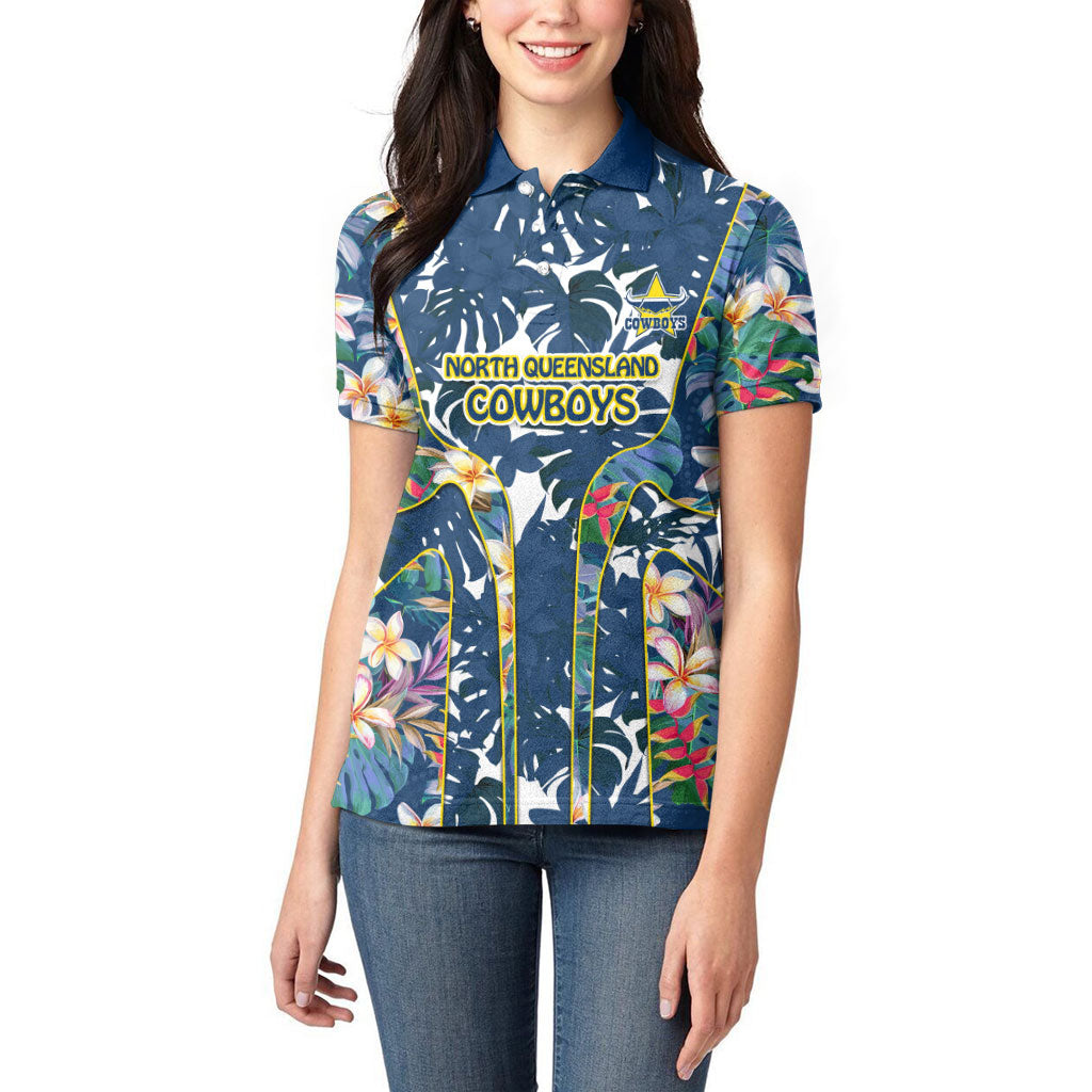 North Queensland Cowboys Women Polo Shirt Tropical Hibiscus Floral Pattern With Blue And Yellow Accents