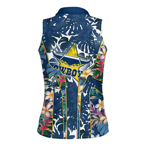 North Queensland Cowboys Women Sleeveless Polo Shirt Tropical Hibiscus Floral Pattern With Blue And Yellow Accents