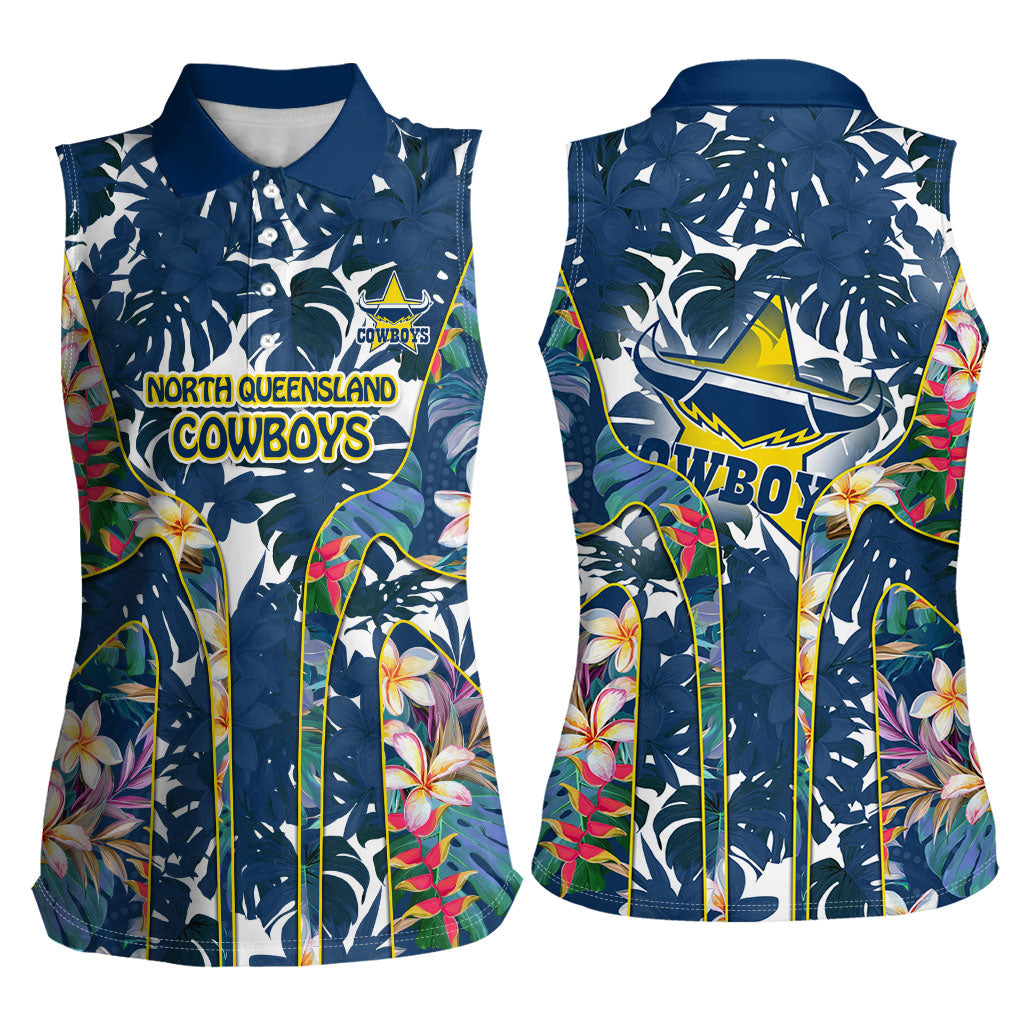 North Queensland Cowboys Women Sleeveless Polo Shirt Tropical Hibiscus Floral Pattern With Blue And Yellow Accents