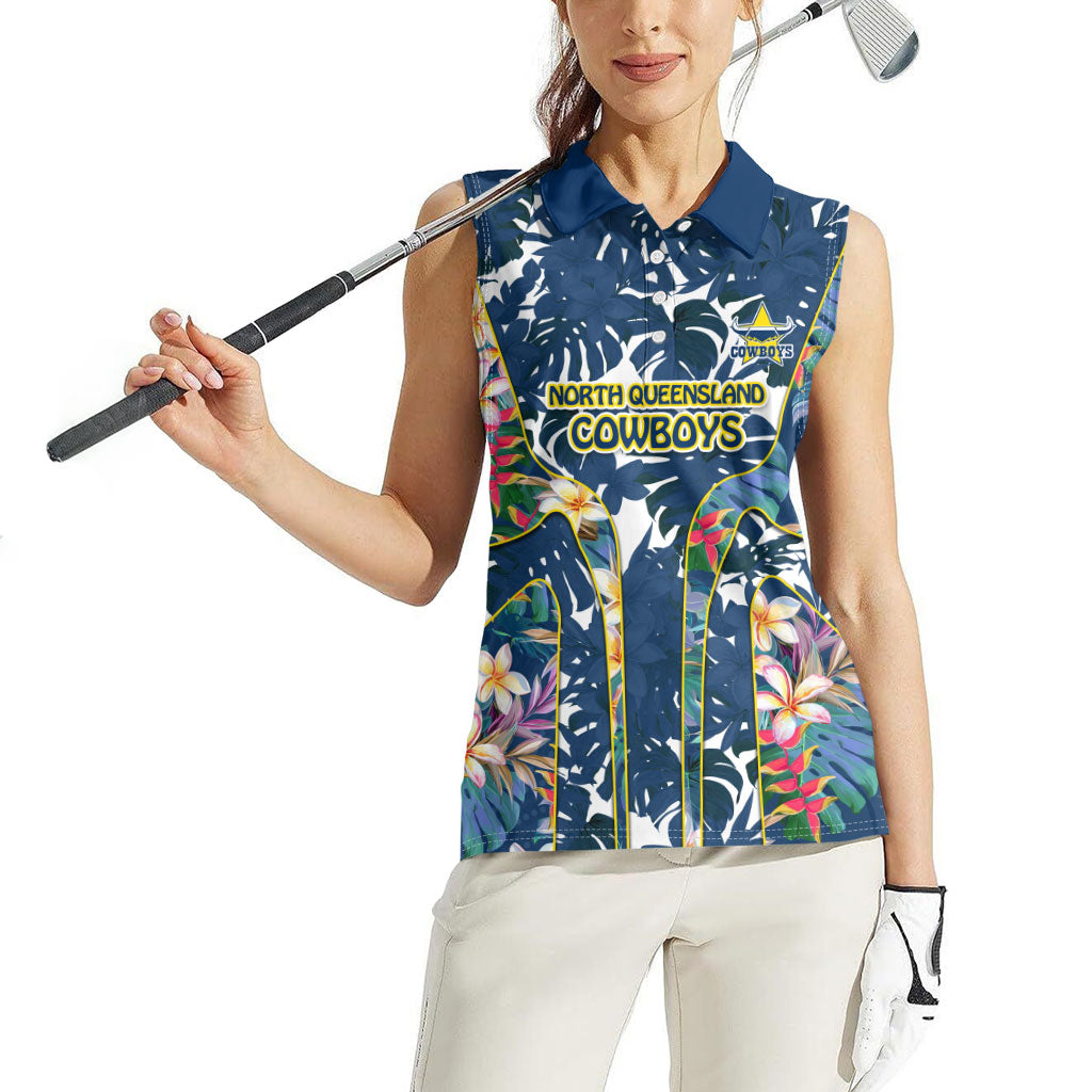 North Queensland Cowboys Women Sleeveless Polo Shirt Tropical Hibiscus Floral Pattern With Blue And Yellow Accents
