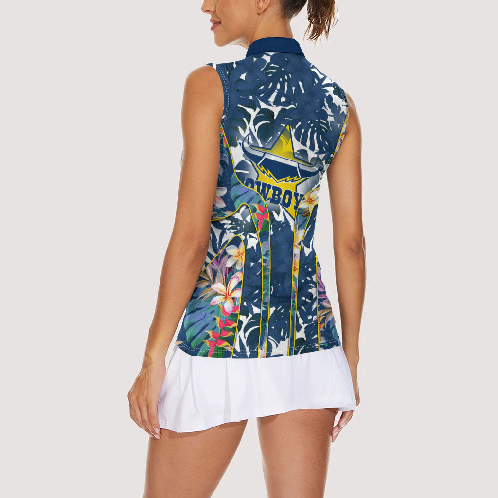 North Queensland Cowboys Women Sleeveless Polo Shirt Tropical Hibiscus Floral Pattern With Blue And Yellow Accents